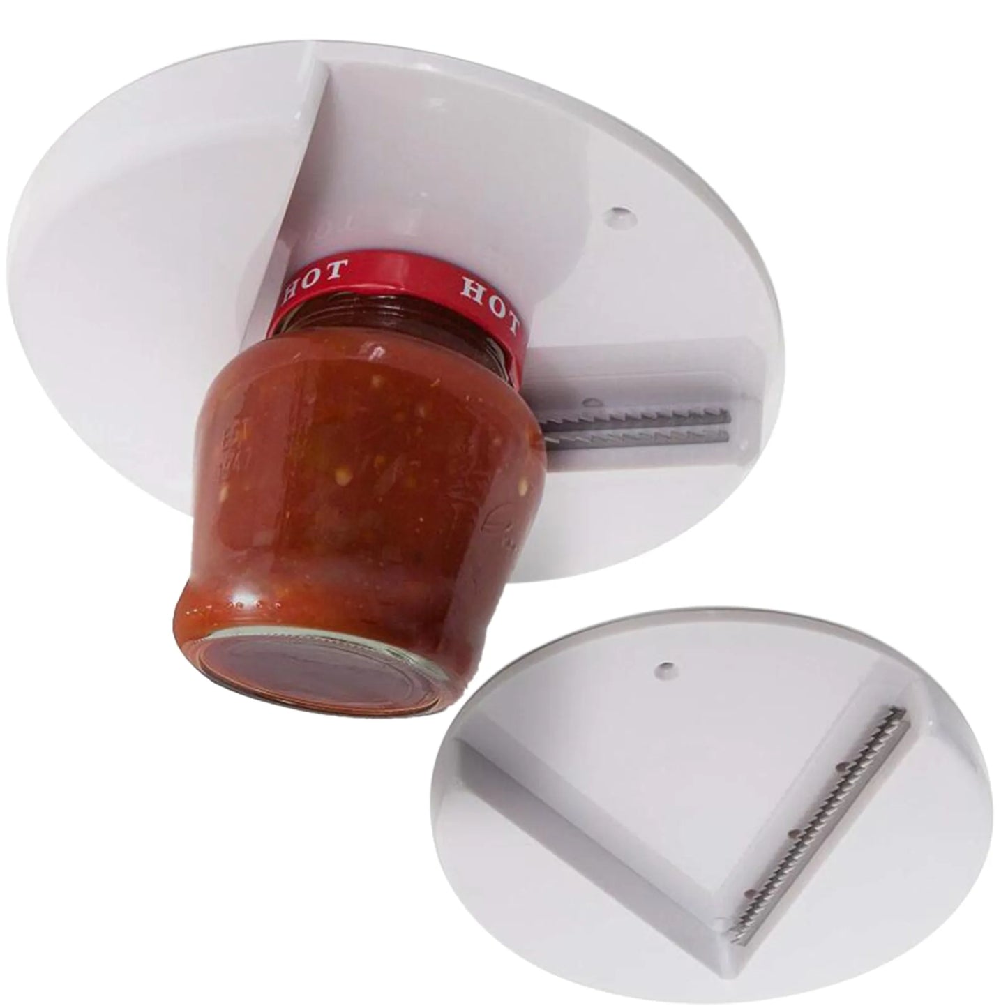 Heavy jar being opened by pain-free kitchen jar opener for arthritis sufferers